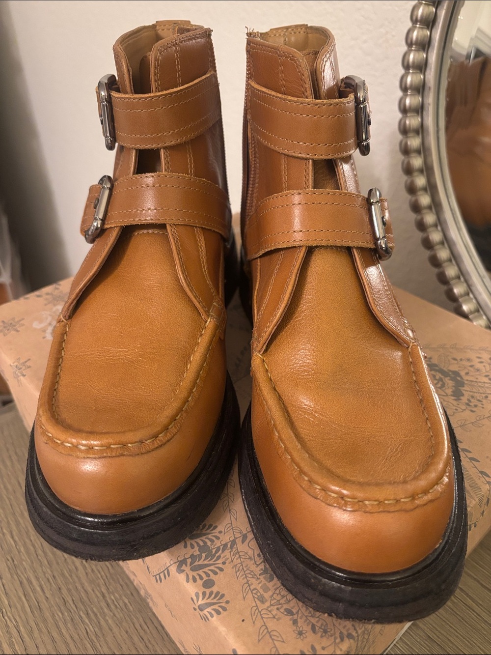 Free People Tan Double-Buckle Combat Boots - Picture 3 of 5